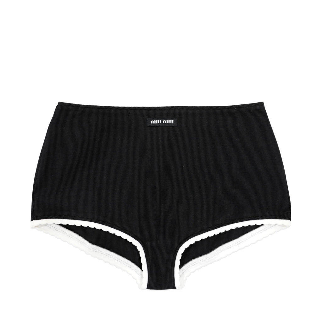 Miu Miu Ribbed-knit Logo Black Stretch Culotte Briefs